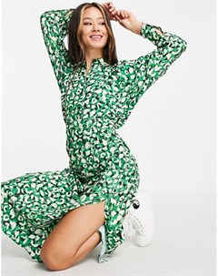 Зеленое платье рубашка миди со звериным принтом Topshop