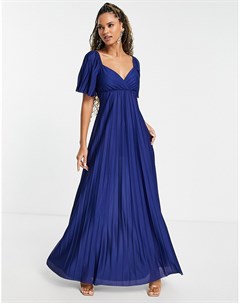 Темно синее плиссированное платье макси с коротким рукавом и перекрученным дизайном на спине Asos design