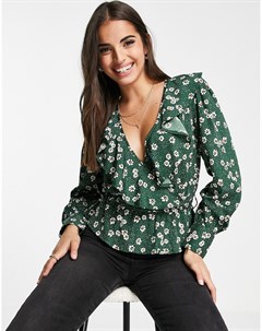 Блузка с запахом и мелким цветочным принтом зеленого цвета New look