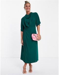 Платье миди хвойно зеленого цвета с юбкой на запахе и свободным воротом Asos design