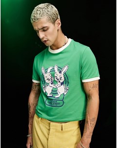 Зеленая футболка узкого кроя с окантовкой по горловине и рукавам и принтом мультяшного кролика Asos design
