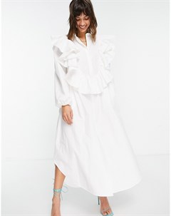 Белое ярусное платье рубашка в стиле oversized с оборками Asos edition