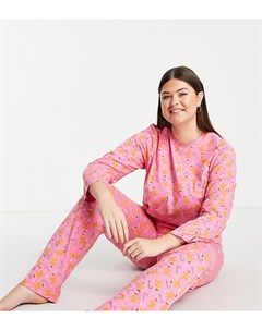 Розовый пижамный комплект с новогодним принтом имбирных пряников Pieces Curve Pieces plus