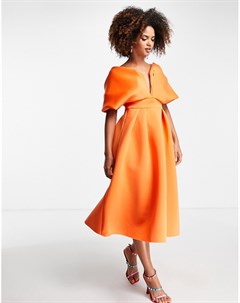 Оранжевое платье миди с расклешенной юбкой драпированными рукавами открытыми плечами и глубоким V об Asos design