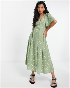 Зеленое чайное платье миди в горошек на пуговицах с завязкой на спине и рукавами кимоно Asos design
