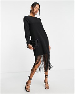 Черное платье миди с длинными рукавами и отделкой бахромой по нижнему краю Vero moda