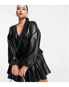 Черное платье мини из искусственной кожи с запахом спереди и присборенной юбкой ASOS DESIGN Curve Asos curve