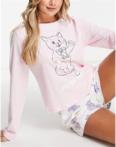 Новогодний пижамный комплект из лонгслива и шорт с принтом кошек розового и белого цвета Asos design