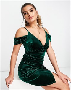 Эксклюзивное бархатное платье мини изумрудно зеленого цвета с открытыми плечами Jaded rose