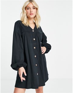 Черное платье мини на пуговицах с длинными рукавами и присборенной юбкой Asos design