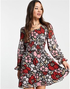 Платье мини с длинными рукавами присборенной талией и ярким цветочным принтом Only