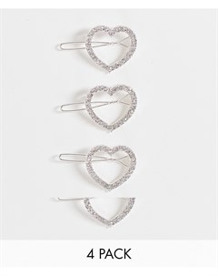 Эксклюзивный набор из 4 маленьких серебристых заколок для волос в виде сердечек со стразами True decadence