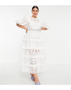 Ярусное белое платье миди с вышивкой ришелье и оборками Curve Asos edition