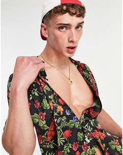 Атласная рубашка классического кроя с глубоким вырезом отложным воротником и цветочным принтом Asos design