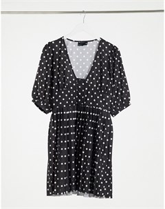 Платье мини в складку с короткими рукавами и пуговицами черного цвета в белый горошек Asos design
