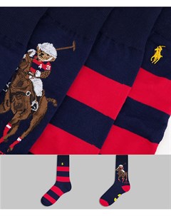 Набор из 2 пар носков темно синего и красного цвета в полоску с логотипом в виде медведя Polo ralph lauren