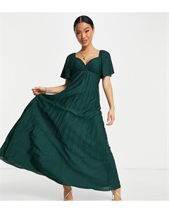 Темно зеленое плиссированное платье макси с короткими рукавами и перекрученной отделкой на спине ASO Asos petite