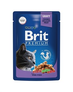 Premium полнорационный влажный корм для кошек с треской кусочки в соусе в паучах 85 г Brit*