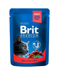 Premium полнорационный влажный корм для кошек с говядиной и горошком кусочки в соусе в паучах 85 г Brit*