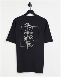 Черная oversized футболка из органического хлопка с принтом скетча лиц на спине Selected homme