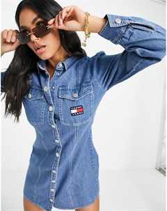Платье рубашка на пуговицах цвета индиго из шамбре с логотипом Tommy jeans