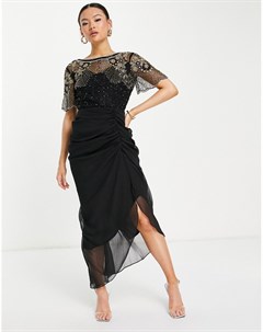 Черное платье миди с декоративной отделкой и с юбкой с запахом Denise Virgos lounge