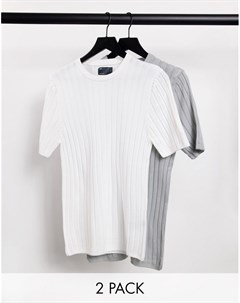 Набор из 2 трикотажных футболок в рубчик белого и серого цвета СКИДКА Asos design