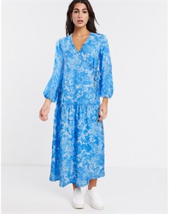 Синее платье макси с запахом и цветочным принтом Asos design