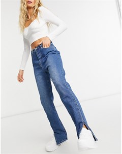 Синие прямые джинсы с завышенной талией и разрезами Missguided