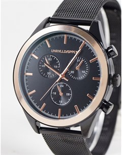 Черные часы из нержавеющей стали с золотистыми элементами и сетчатым браслетом Asos design