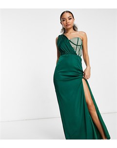 Эксклюзивное изумрудно зеленое атласное платье макси на одно плечо с корсетной вставкой Jaded rose