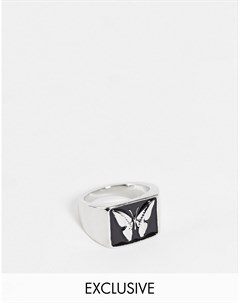 Серебристое массивное кольцо печатка с эмалью и узором в виде бабочки Inspired Reclaimed vintage
