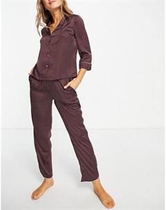 Атласный пижамный комплект бордового цвета в горошек с кантом Vero moda