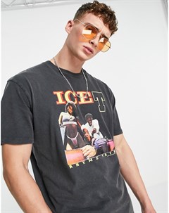 Черная выбеленная oversized футболка с принтом Ice T Topman