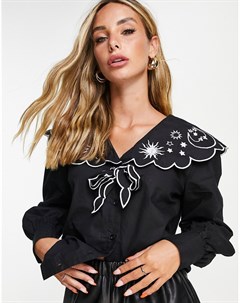 Блузка с объемным воротником и вышивкой в космическом стиле Neon rose
