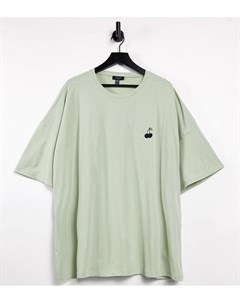 Зеленая футболка в стиле oversized с вышивкой в виде вишен New look