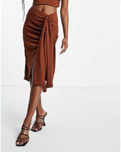 Шоколадная льняная юбка миди с декоративным узлом от комплекта ASOS LUXE Asos design