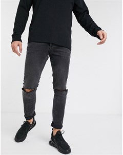 Эластичные зауженные джинсы черного выбеленного цвета со рваной отделкой на коленях Topman