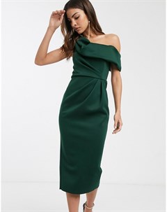 Зеленое платье футляр миди со спущенным плечом и драпировкой Asos design