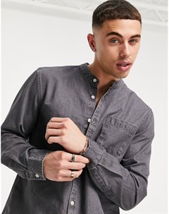 Темно серая джинсовая рубашка с воротником с застежкой на пуговицы New look