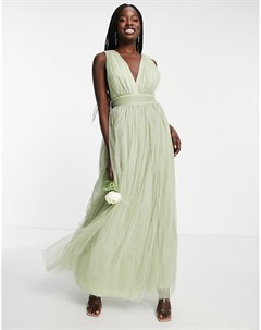 Шалфейно зеленое свадебное платье макси из тюля с глубоким вырезом и бантом сзади Asos design