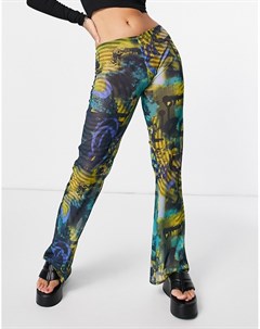 Расклешенные брюки с завышенной талией из сетчатой ткани с абстрактным принтом от комплекта Jaded london