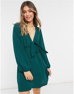 Чайное платье мини хвойно зеленого цвета с длинными рукавами и завязками спереди Asos design