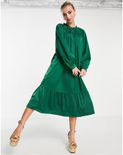 Ярко зеленое ярусное платье миди из атласа Pieces
