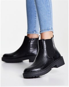 Черные ботинки челси из искусственной кожи под крокодила на плоской толстой подошве New look