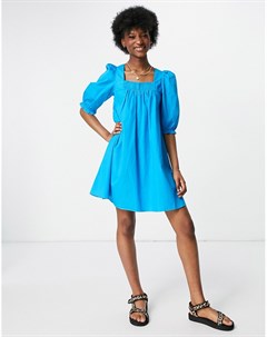 Ярко синее поплиновое платье мини со сборками и завязками на спине New look