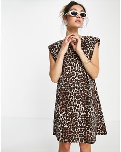 Платье футболка из органического хлопка с подплечниками и леопардовым принтом Only