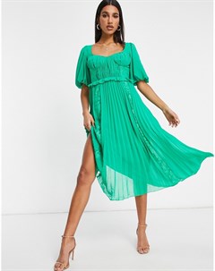 Изумрудно зеленое плиссированное платье миди с кружевными вставками и пышными рукавами Asos design
