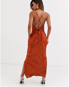 Платье комбинация макси рыжего цвета из блестящего атласа со шнуровкой на спине Asos design