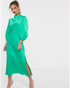 Атласное чайное платье миди зеленого цвета с объемными рукавами и свободным воротом Asos design